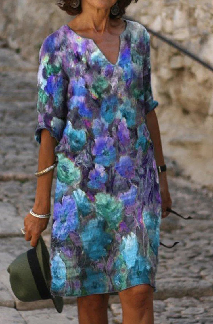 产品 Ladies Printed Linen Short Sleeve ( Blue )