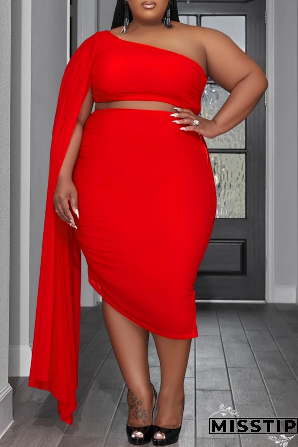 Blue Sexy Solid Patchwork Backless Oblique Collar Plus Size Two Pieces