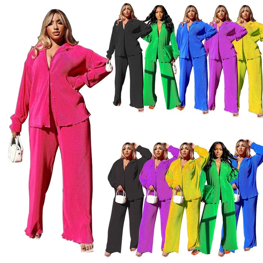 CM.YAYA Pleated Solid Women Set Long Sleeve Shirts and Straight Wide Leg Pants Suits Tracksuit Two Piece Set Fitness Outfits