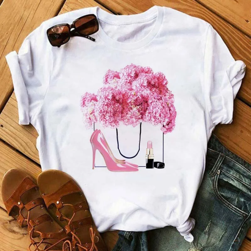 Cute Cat In Red High-heeled Printed Women T Shirts Casual Short Sleeve O-neck T-shirt Christmas Tshirts Tees Female Tops
