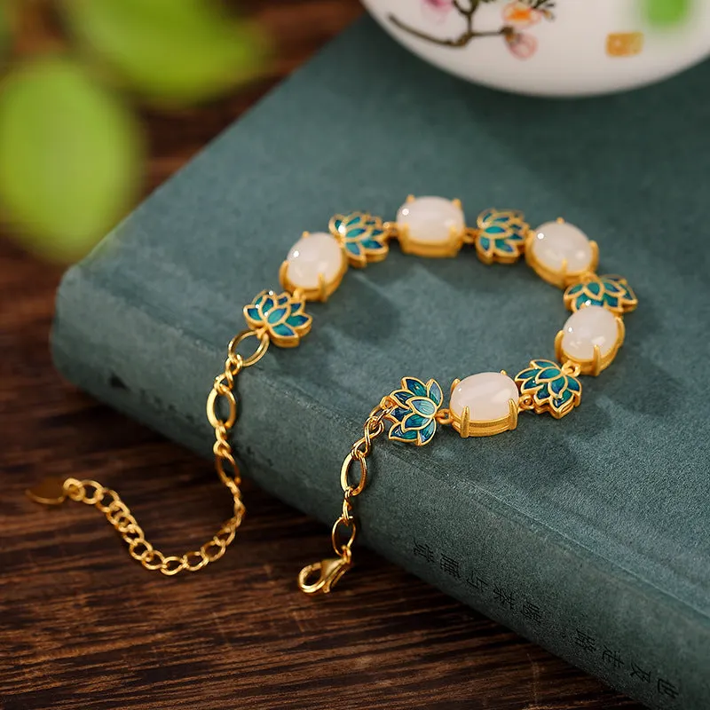White Jade Lotus Blessing Chain Bracelet
