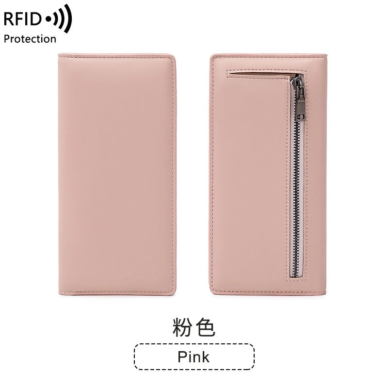 RFID Anti-theft Brush Women’s Wallet New PU Solid Color Ultra-thin Credit Card Holder Zipper Hasp Long Wallet