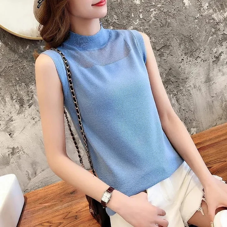 Sleeveless Knitted Top Thin Tank Top Woman Off Shoulder Gauze Cut Out Aesthetic Turtleneck Vest Sweater Korean Fashion Clothing