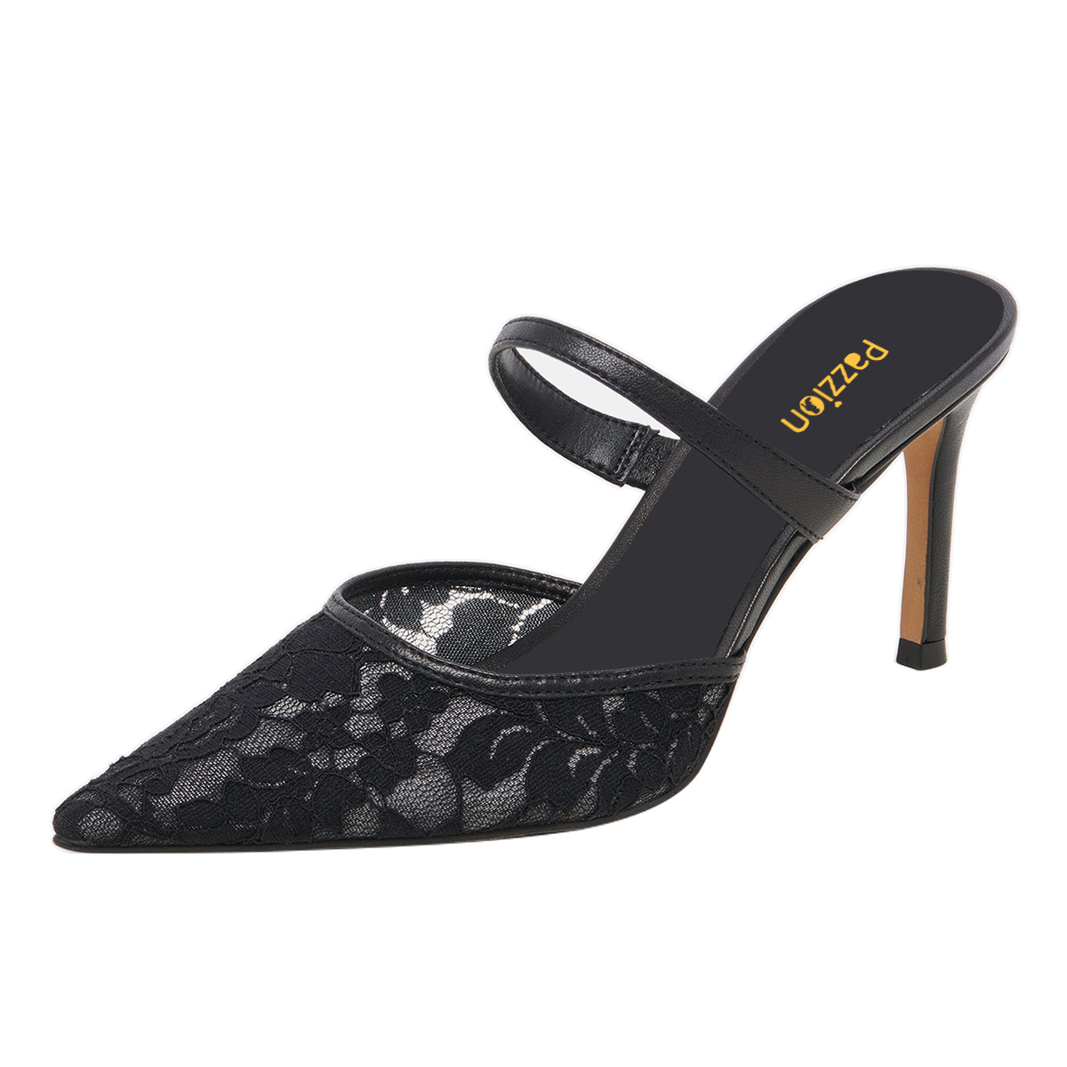 Black Floral Lace Pointed Toe Stiletto Heeled Mules with Strap Nicepairs