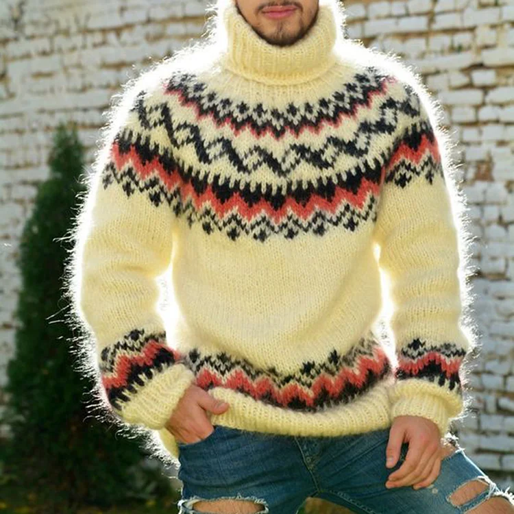 BrosWear White Fuzzy Turtleneck Knitted Mohair Sweater