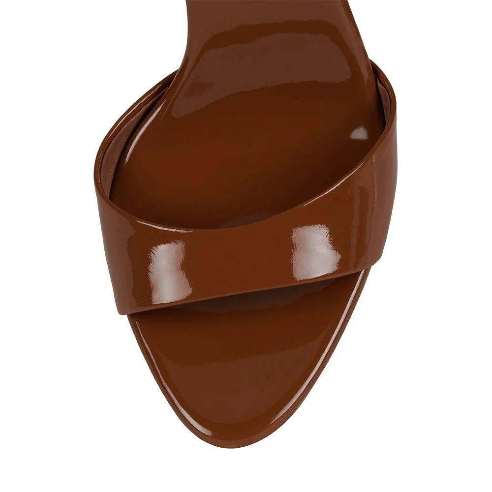 Brown Patent Leather Open Round Toe Comfy Slip On Heeled Mules