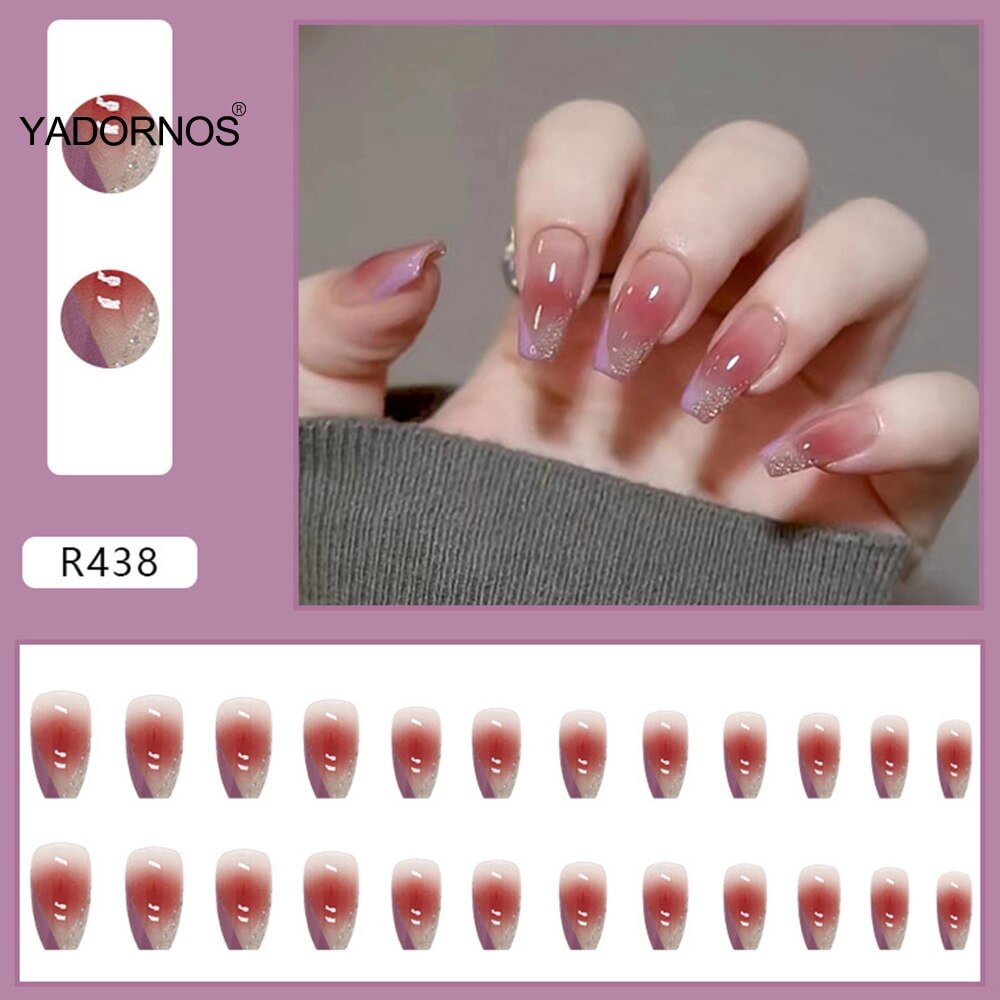 Agreedl Fake Nails 24pcs Gradient With Glitter Ballet Fake Nails For Women And Girls French Full Cover Wearable Artificial Nails