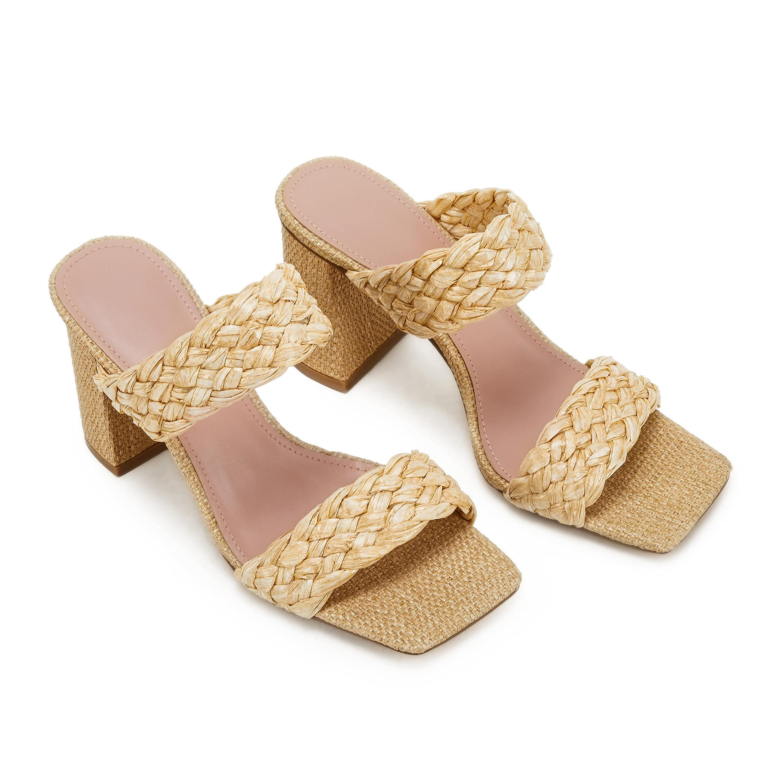 Women's Backless Square Open Toe Block Strappy Braided Heeled Sandals Yellow-vocosishoes