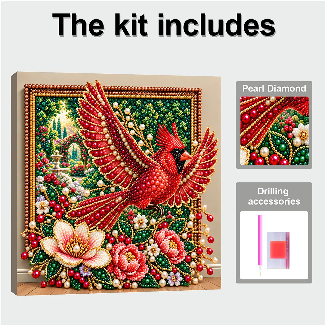 Pearl Painting Kit with Frame Red Cardinal Flower 11.81x11.81in