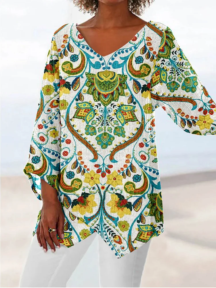 Womens Artistic Rose Floral Cotton And Linen V Collar Three Quarter Sleeves Top