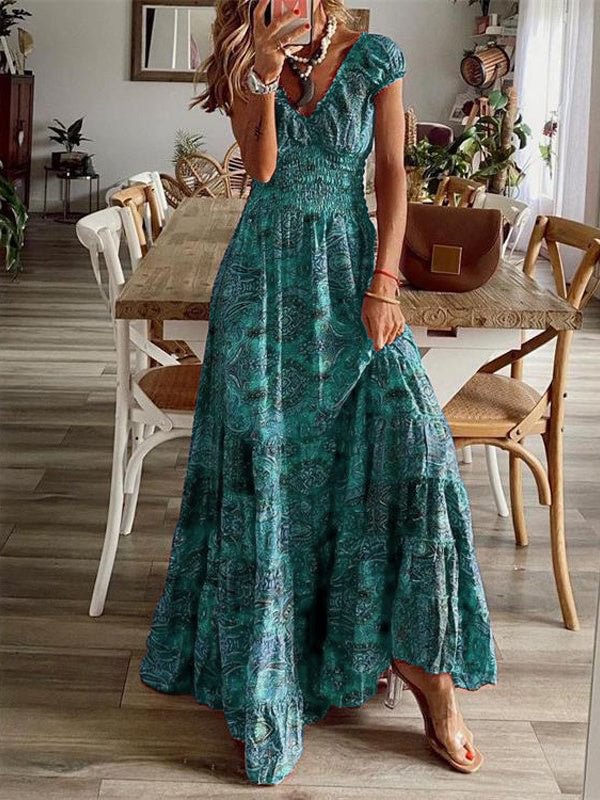 Women Short Sleeve V-neck Floral Printed Vintage Dress
