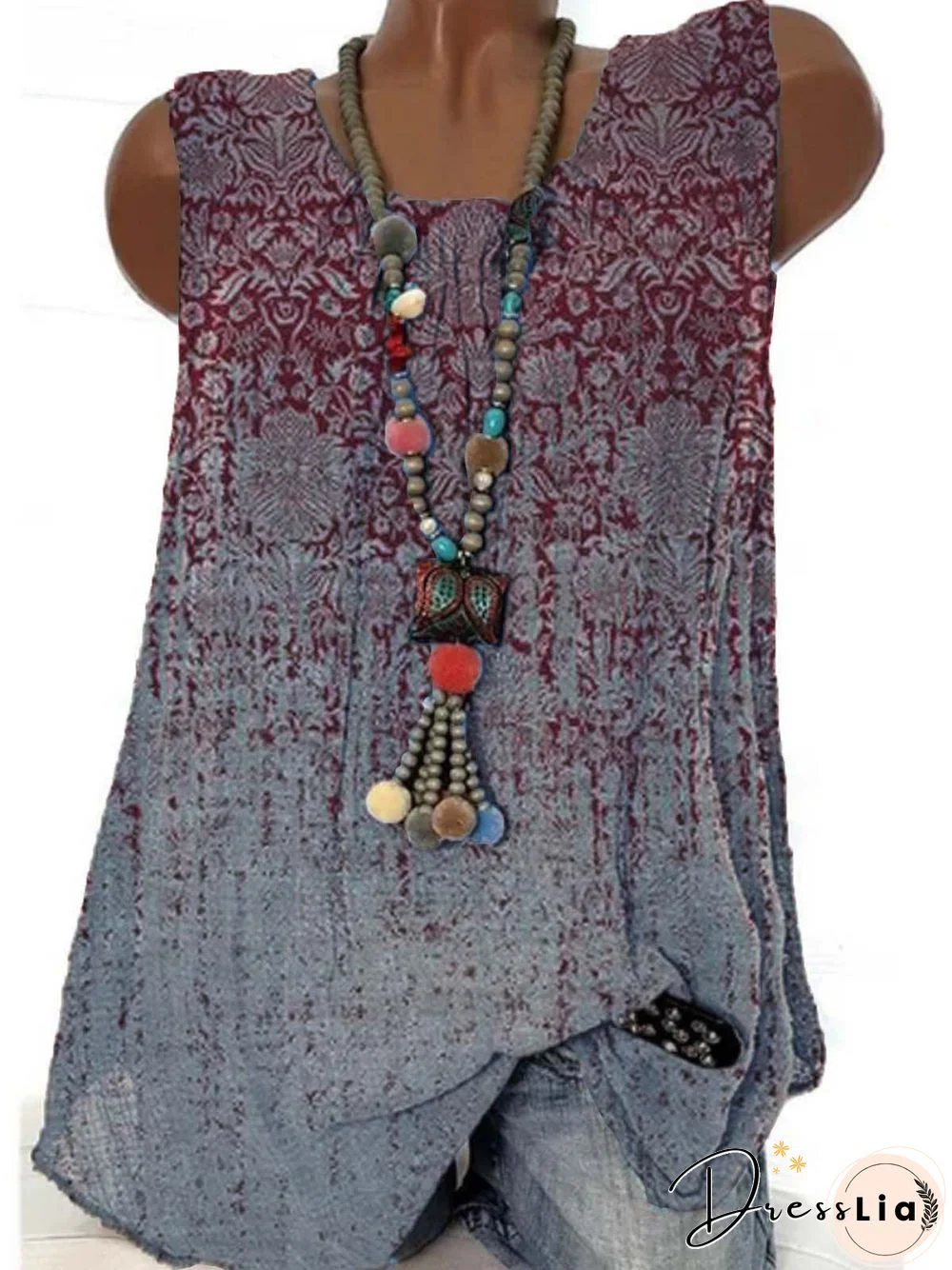Paisley Sleeveless Printed Polyester Crew Neck Vintage Summer Red Top
