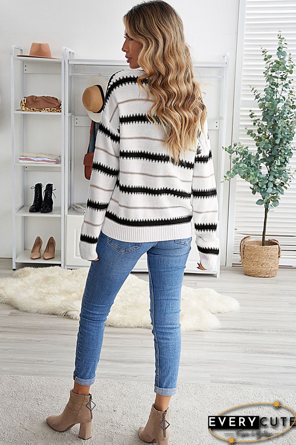 White V Neck Stripes Colorblock Button Cardigan