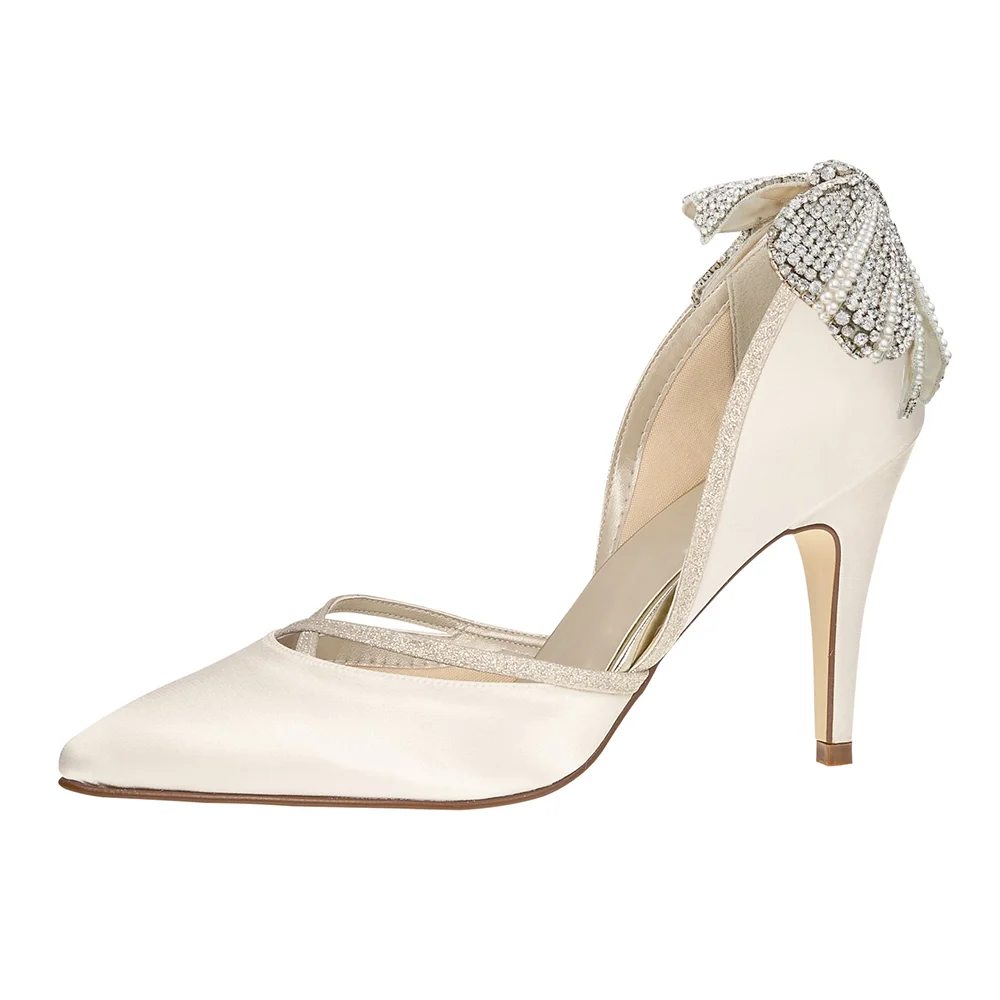 Women's White Heels Rhinestone Stiletto Heel Satin Slingback Pumps Wedding Shoes