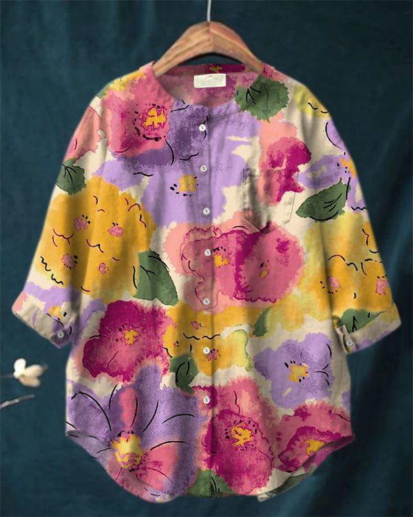 Vintage Floral Print Stand Collar Long Sleeve Cotton and Linen Shirt