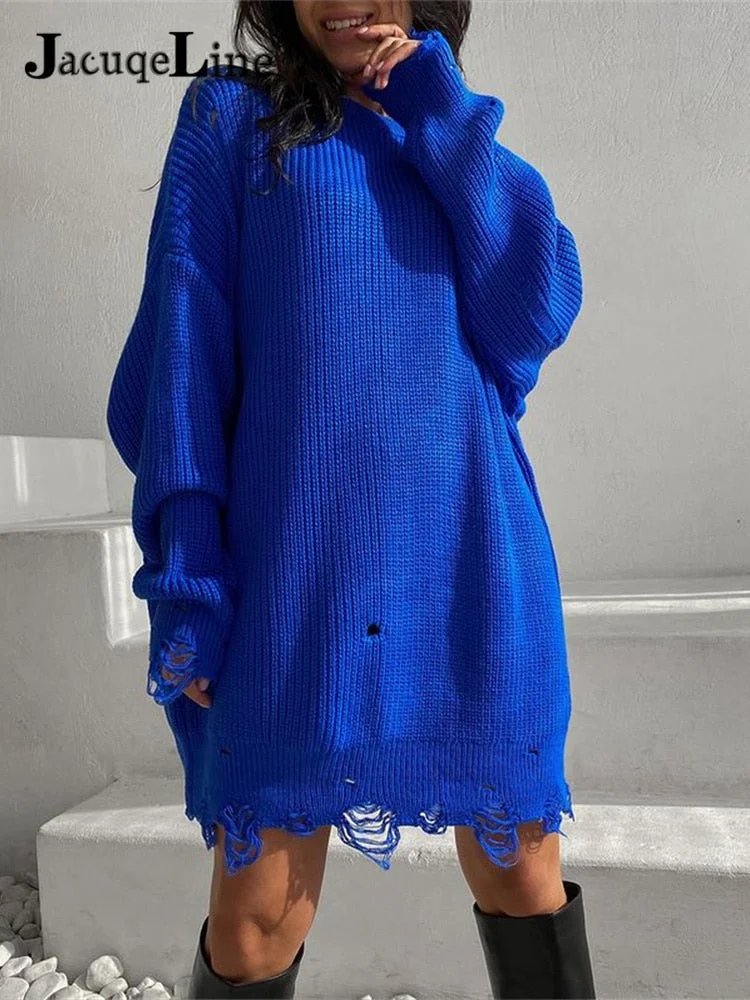 Jacuqeline O Neck Oversized Mini Knitted Women Sweater Dress 2021 Autumn Winter Long Sleeve Elegant Street Casual Loose Dresses