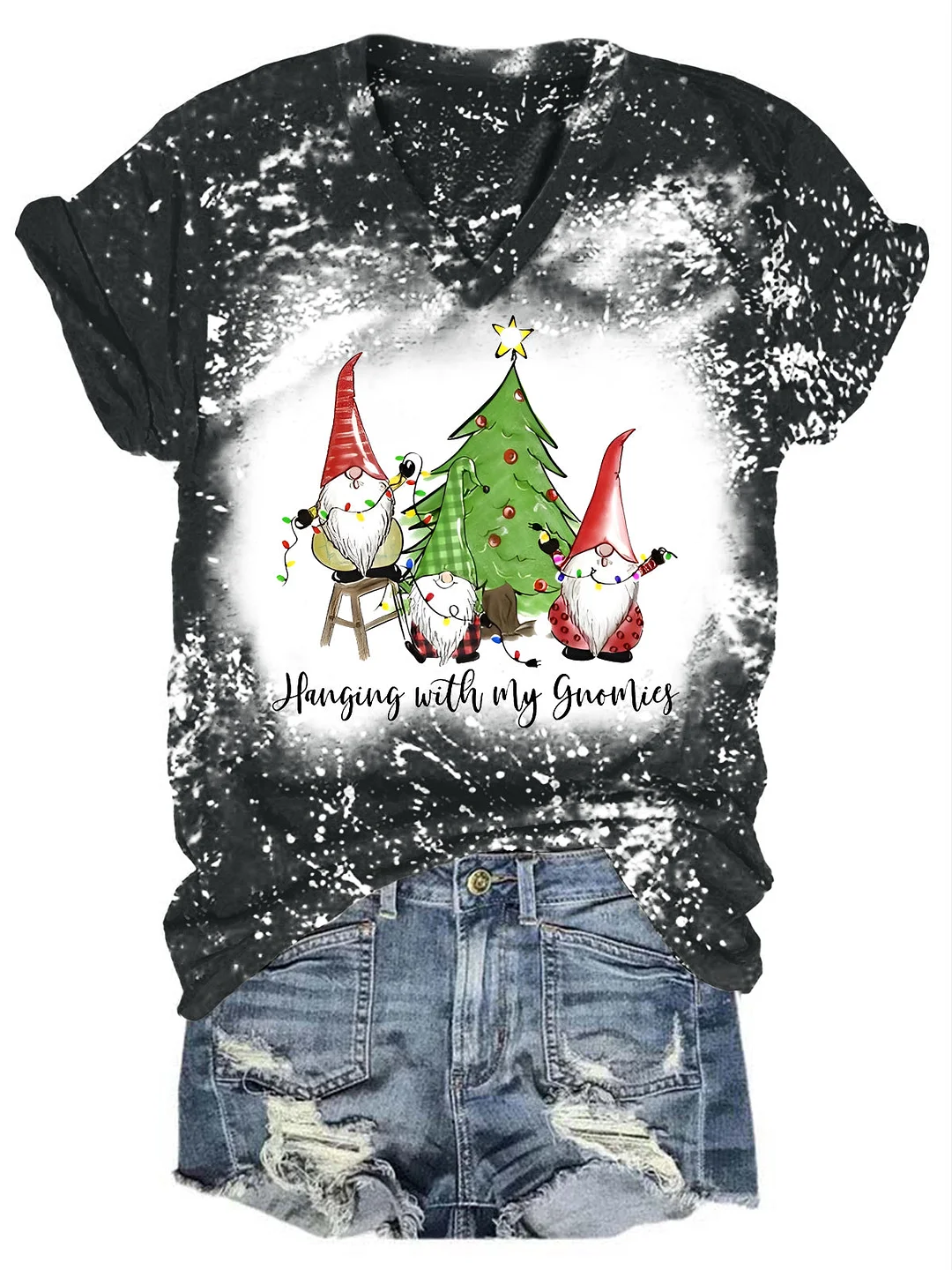 Hanging With My Gnomies Christmas Lights Tree Print V-neck T-shirt