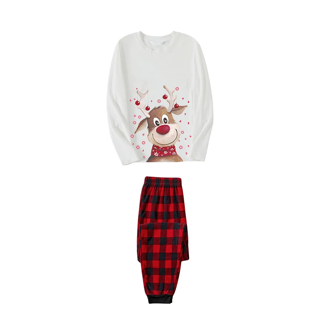 Brown Cute Christmas Elk Pattern 2024 White Long Sleeve with Black&Red Plaid Pants Family Matching Pajamas