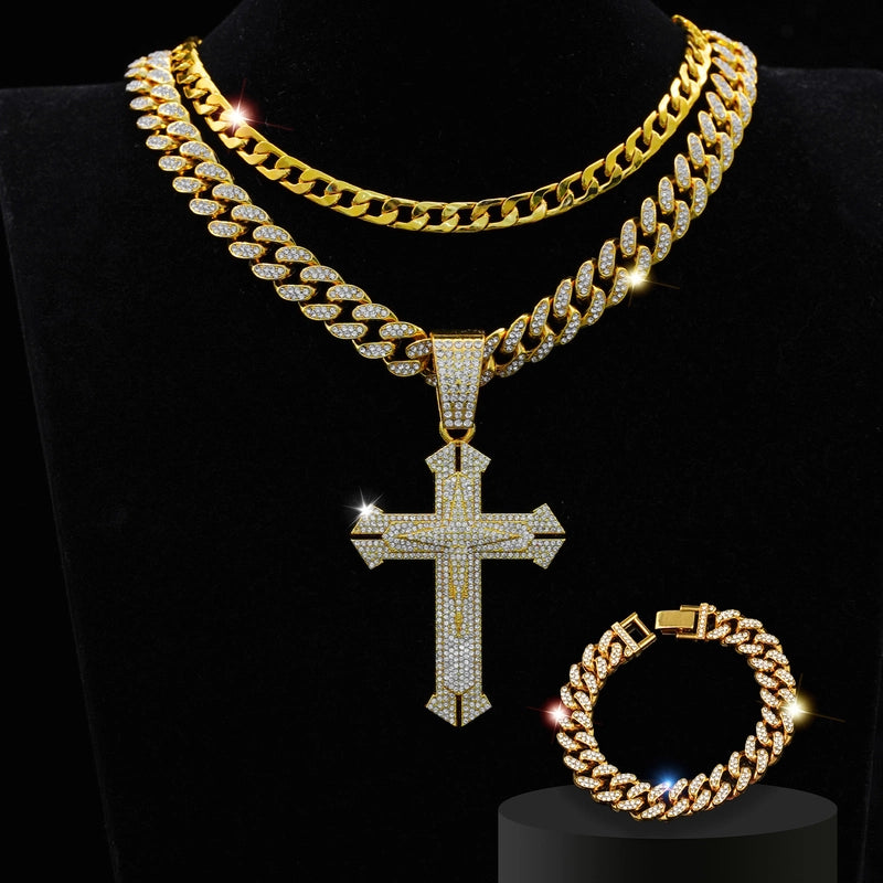 Jewelry Fashion Personalized Hip Hop Cross Pendant Necklace Men’s Full Diamond Cuban Link Chain Bracelet Suit