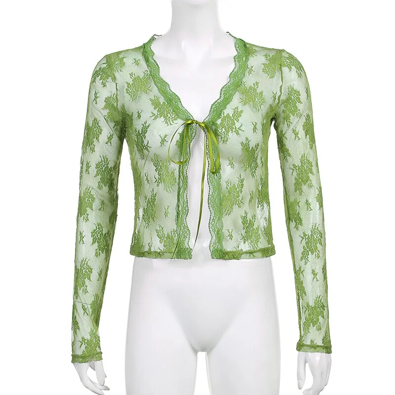 Sweetown 2000s Kawaii New Lace Cardigan Tops Women See Through Sexy Mesh T-Shirt Tie V Neck Long Sleeve Cute Aesthetic Tee White