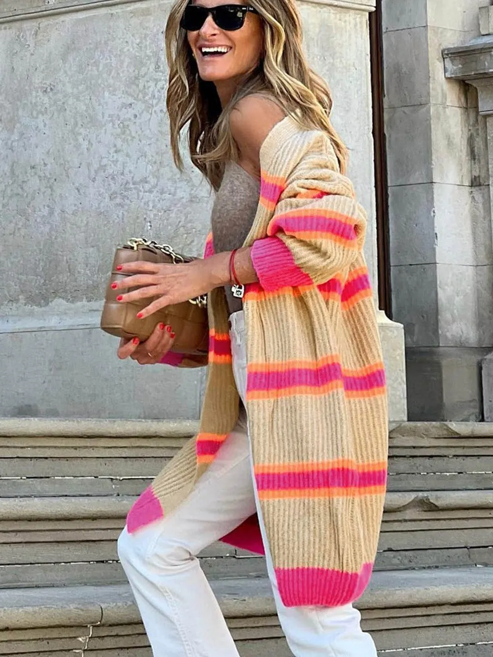 Ribbed Knit Long Cardigan with Striped Print