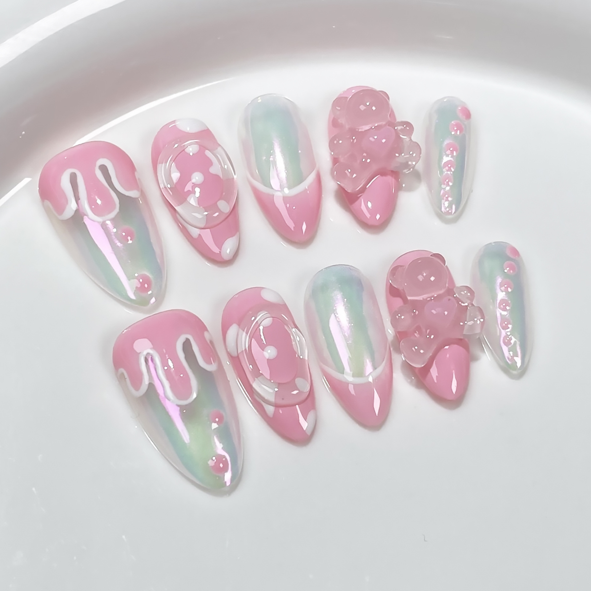 Sweet and Cute Pink Aurora Teddy Bear Baddie Almond Press-On Nails