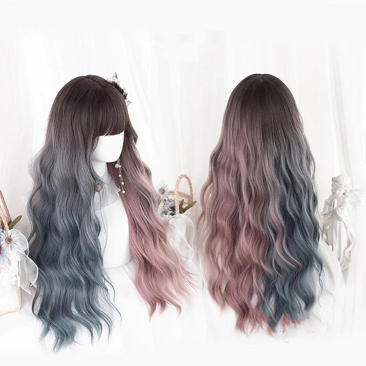 Lolita Gradient Pink Gray Long Curly Wig BE1166