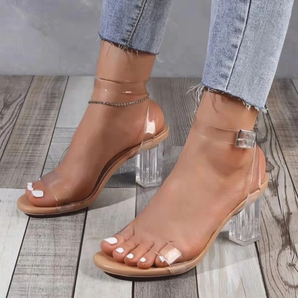 Vstacam  High Heel Summer Women 2023 Thick Heel Transparent Belt PVC Plus Size Women Sandals Closed Toe Ladies Sandal Heels Sandaleas