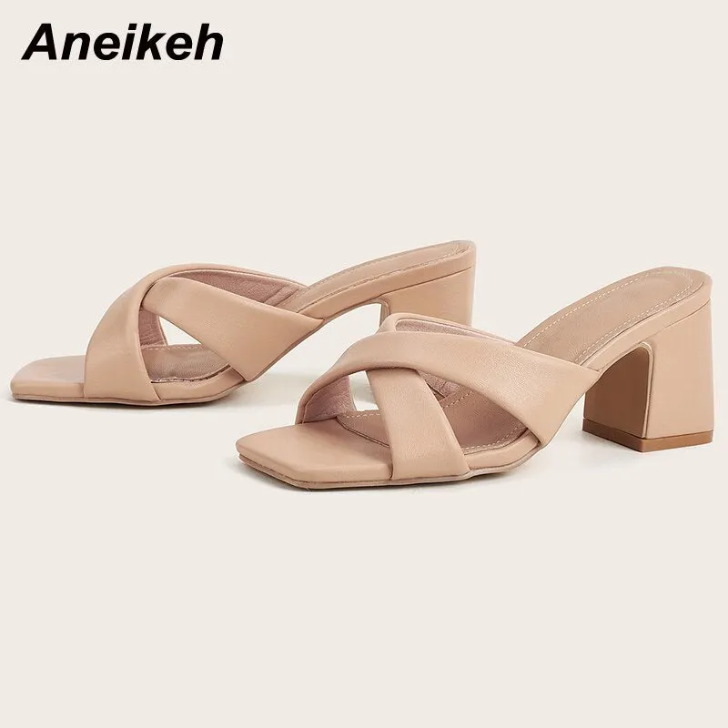 Aneikeh 2021 NEW PU Women's Shoes Summer Head Peep Toe Square Heels Slippers Concise Solid Shallow Party Fashion Leisure Neutral