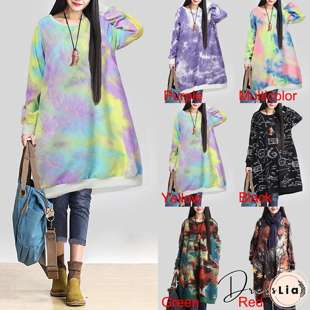 Autumn Winter Women Printed Midi Dress Tunic Long Sleeve Pockets Warm Vintage Casual Loose Long Sweatshirt Dress Plus Size