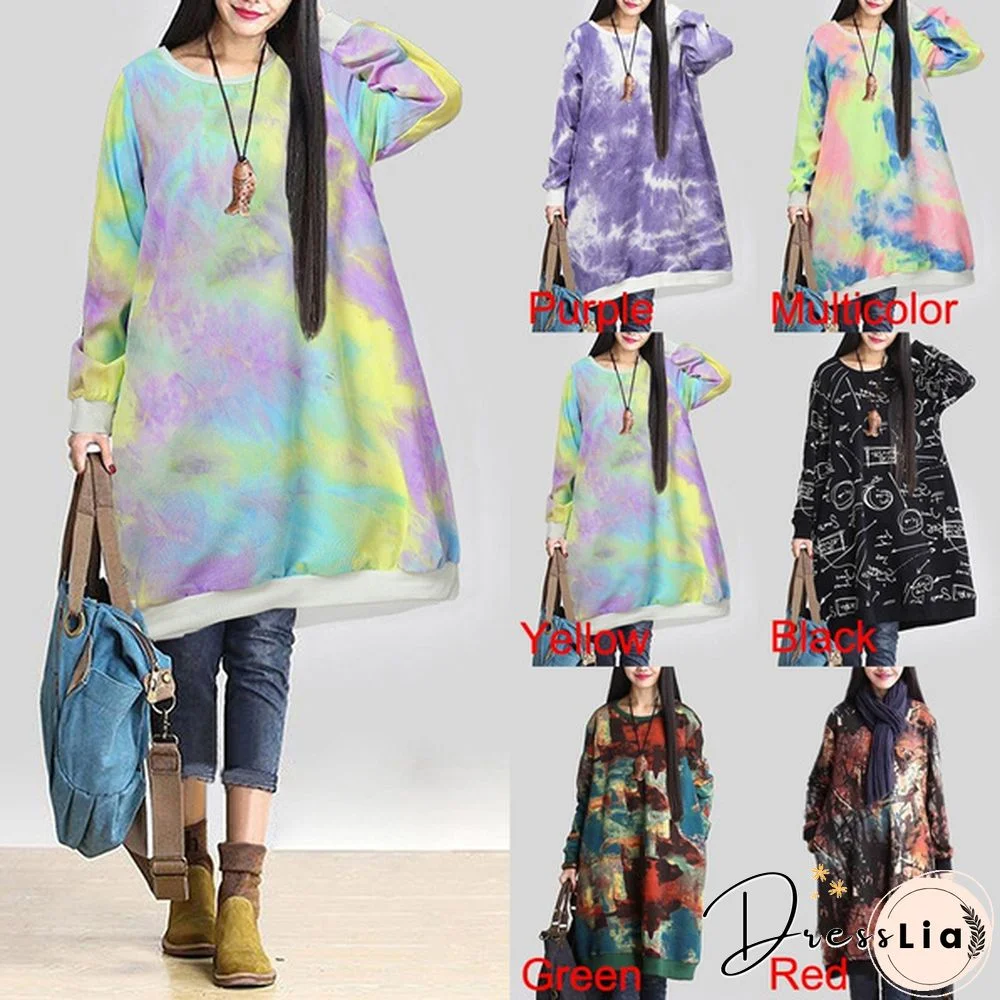 Autumn Winter Women Printed Midi Dress Tunic Long Sleeve Pockets Warm Vintage Casual Loose Long Sweatshirt Dress Plus Size