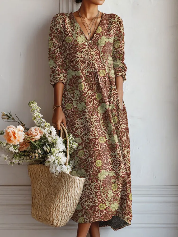 Women's Vintage Flower Art Print Linen Pocket Tunic Dress