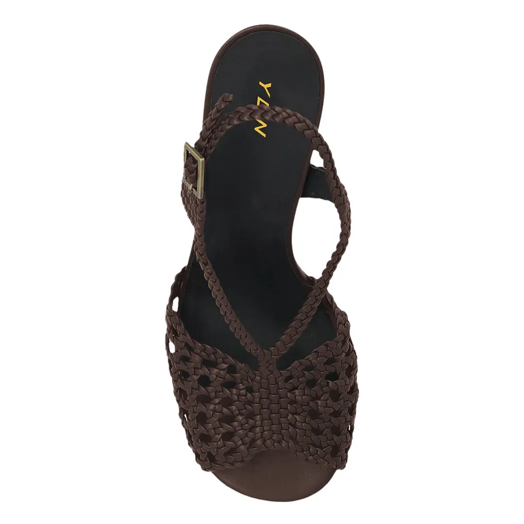 Chocolate Brown Flared High Heel Braided Summer Sandals with Buckle