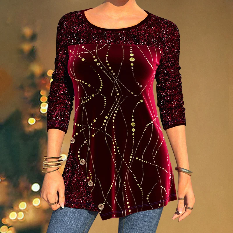 Fashion Patchwork Gorgeous Sequins Casual Long Sleeves Tunic Tops