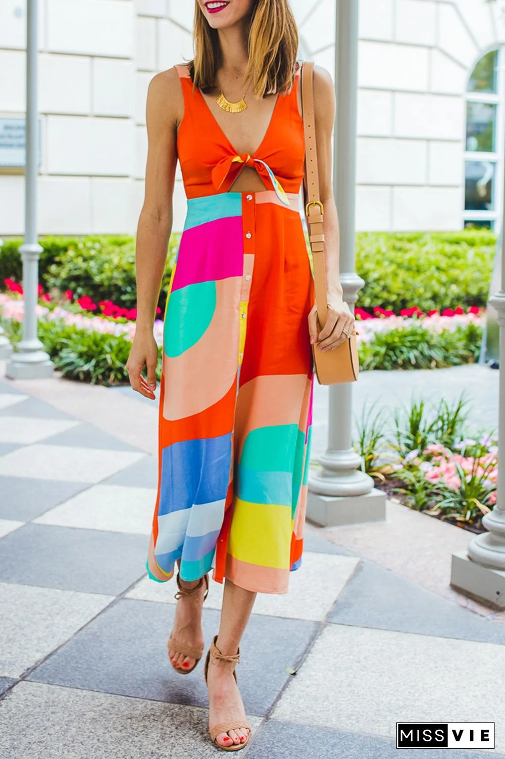 Casual Print Split Joint V Neck Cake Skirt Dresses