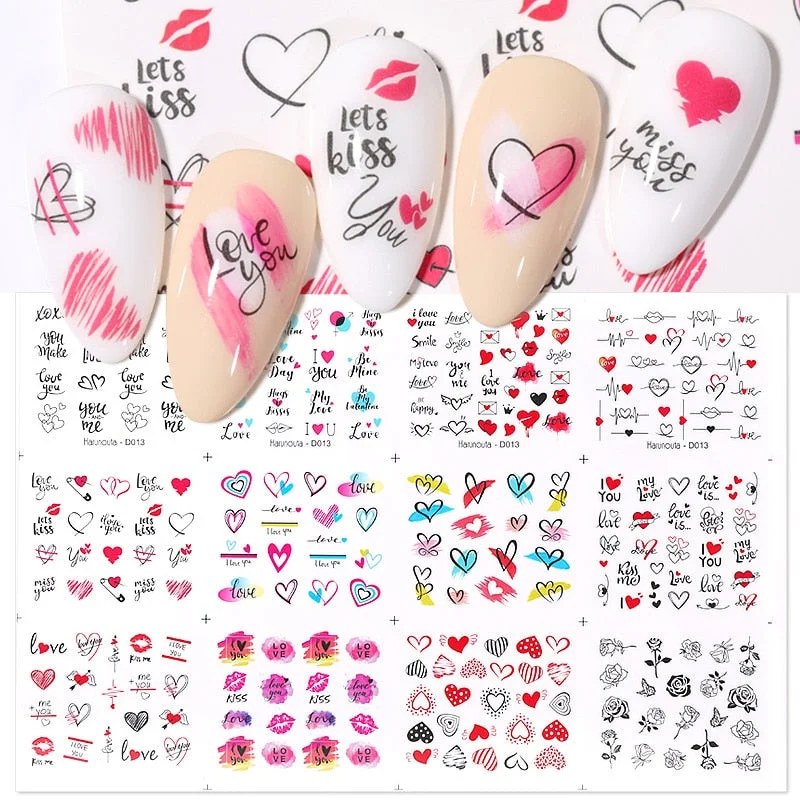 Harunouta 12Pcs Sweet Love Heart Nail Water Decals Valentines Manicure Letter Flower Leaf Sliders for Nails Accessories