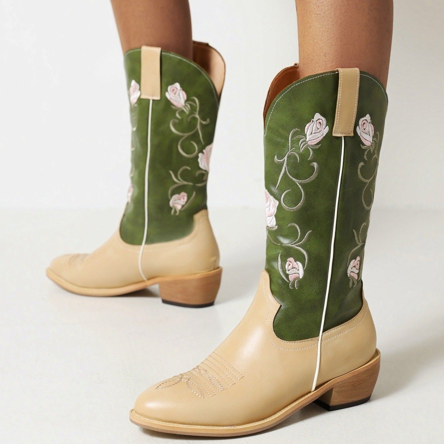 Green apricot patchwork embroidery mid calf cowboy boots for women