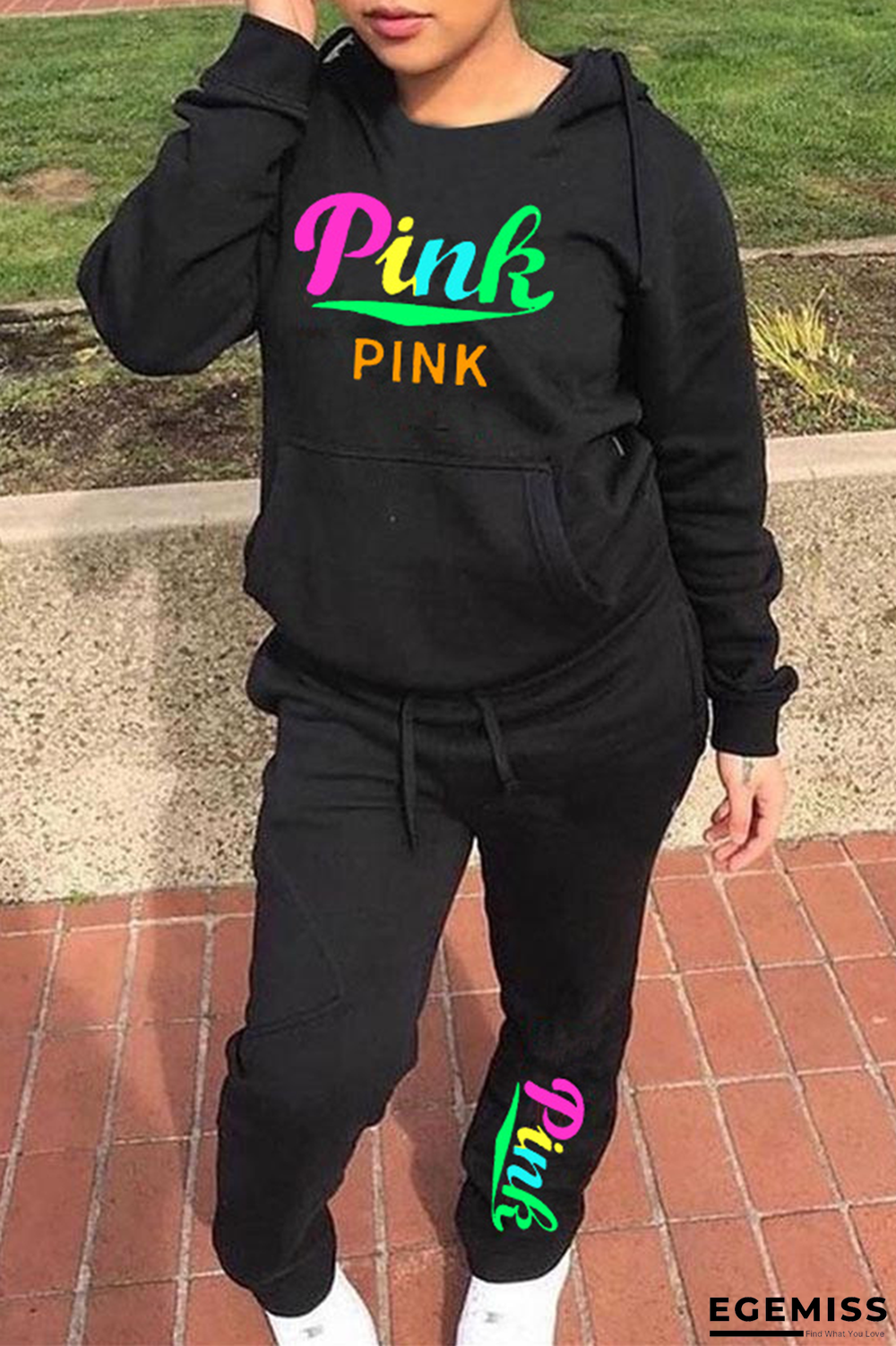 Black Fashion Print Patchwork Hooded Collar Long Sleeve Two Pieces | EGEMISS