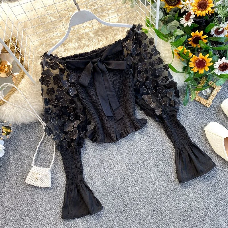 Elegant Spring Summer Women Short Shirt Sweet 3D Flower Appliques Mesh Crop Tops Slash Neck Puff Long Sleeve Ladies Blouse