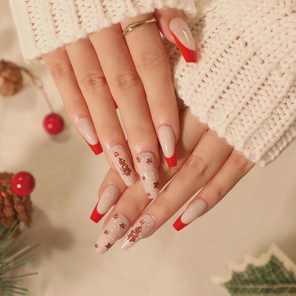 24Pcs Christmas Long Coffin Ballerina And Almond Fake Nails Snowflake Gingerbread Man Full Cover Press On Nails DIY Manicure Tip