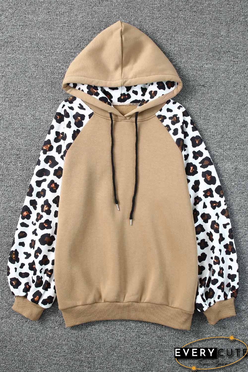 Khaki Leopard Bishop Sleeve Hooded Sweatshirt