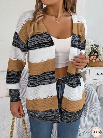 Openwork Striped Open Front Cardigan