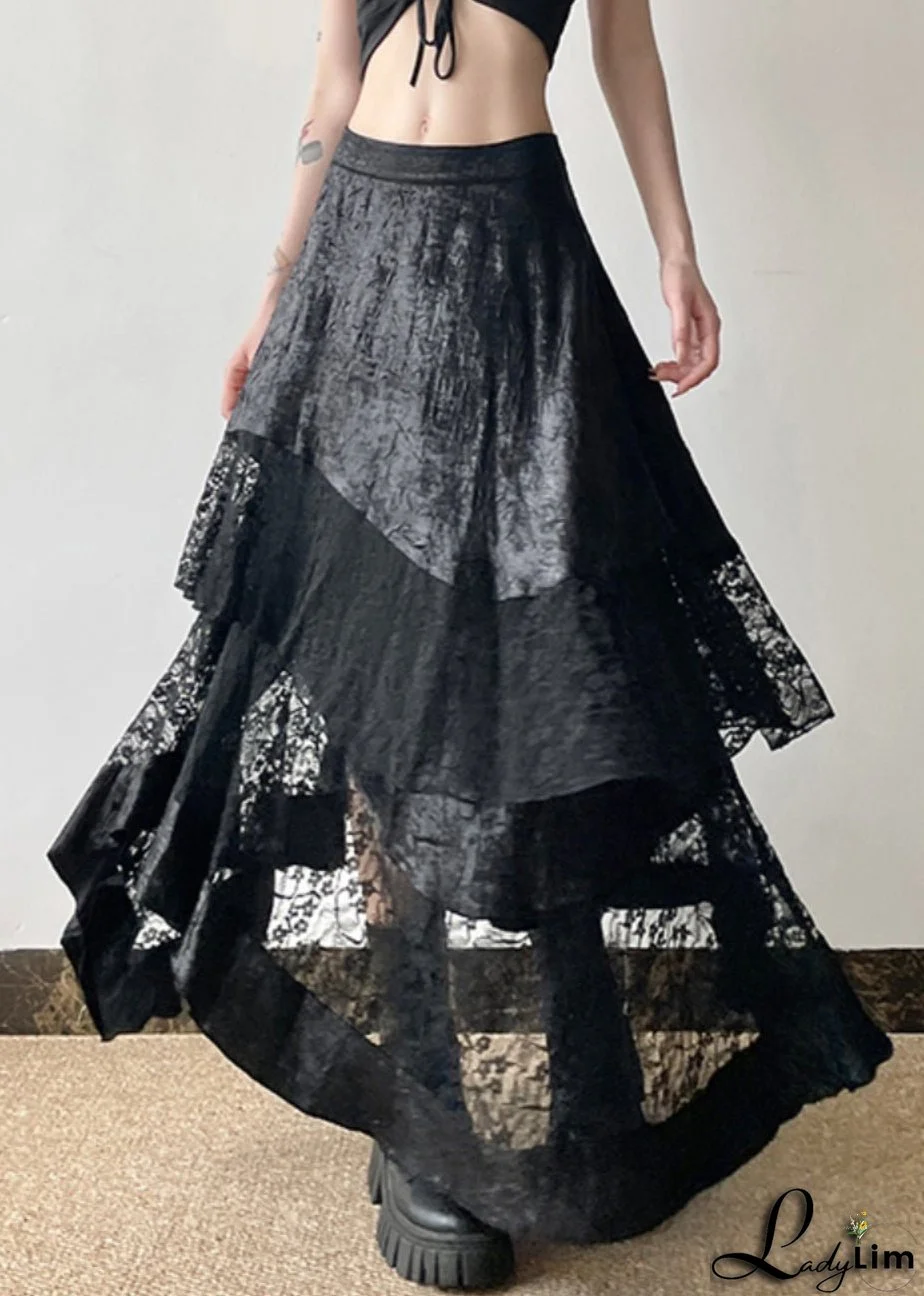 French Black High Waist Patchwork Lace Skirts Summer