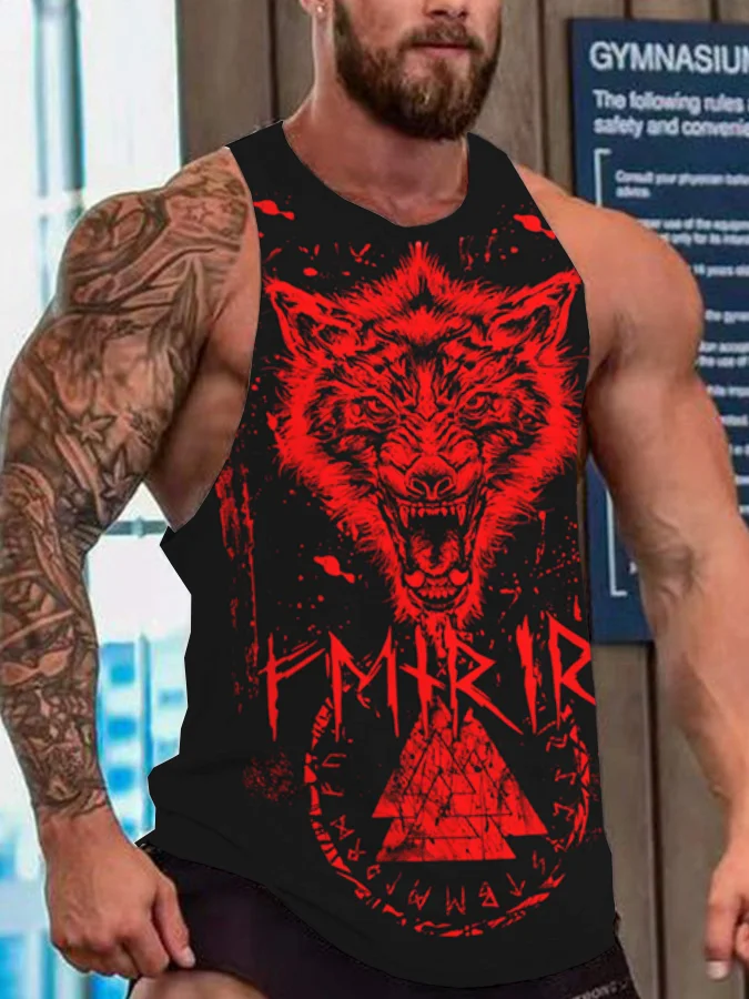 Broswear Men's Viking Valknut & Fenrir Graphic Round Neck Tank Top