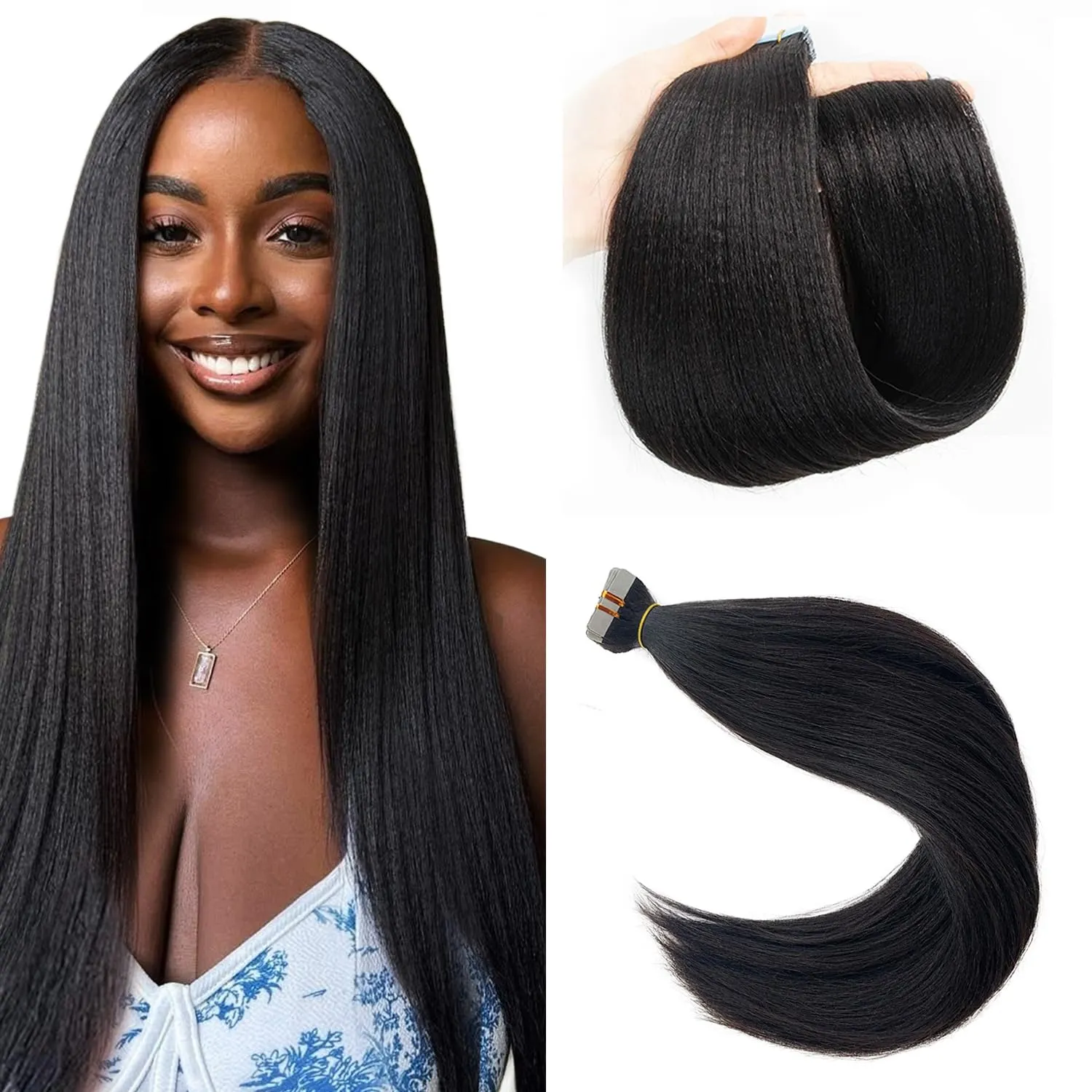 #1B Yaki Straight Tape in Hair Extensions 20pcs 50g/pack Seamless Skin Weft Hair | 100% Human Hair | BORUIHAIR