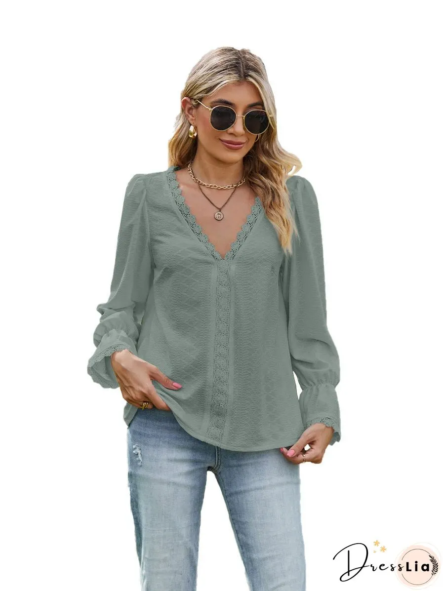 Women's Solid Color Pullover Stitching Lace Long-sleeved Blouses