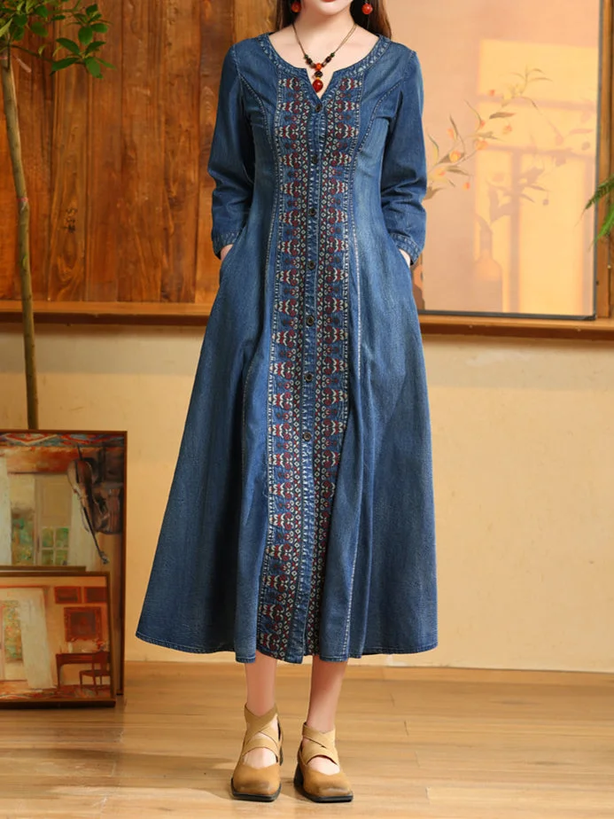 Women's Denim Embroidered Long Sleeve V-neck Maxi Dress