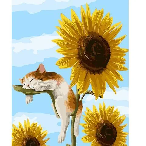 DIY Paint by Numbers Canvas Painting Kit for Kids & Adults - Cat and Sunflower、bestdiys、sdecorshop