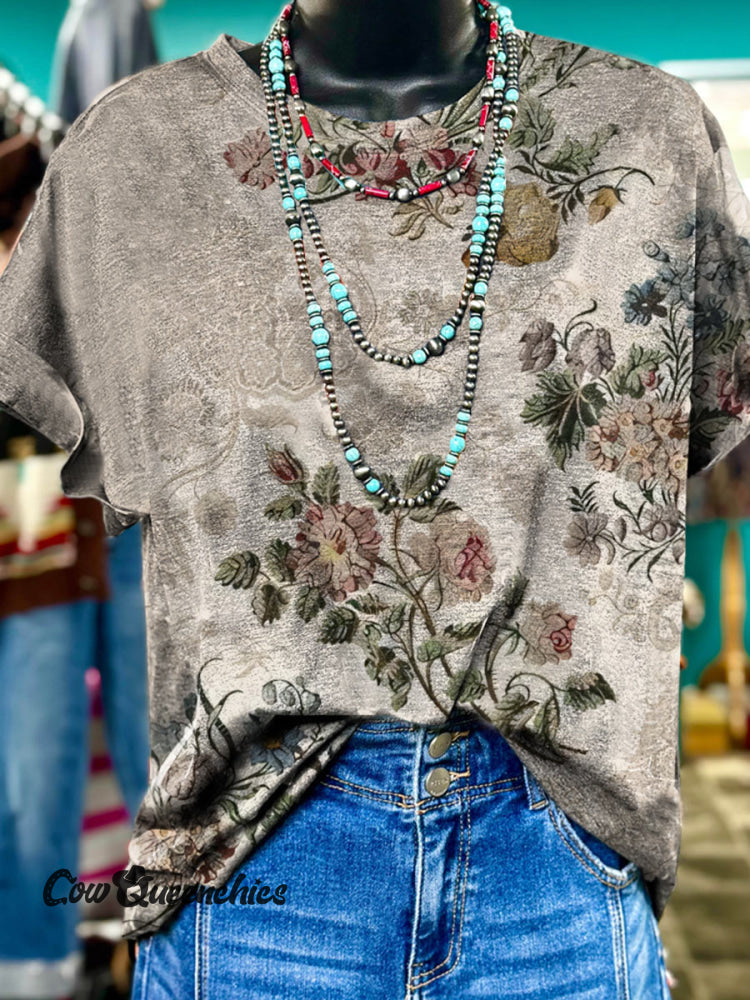 Retro Elegant Floral Printed Casual T-shirt Beige / S