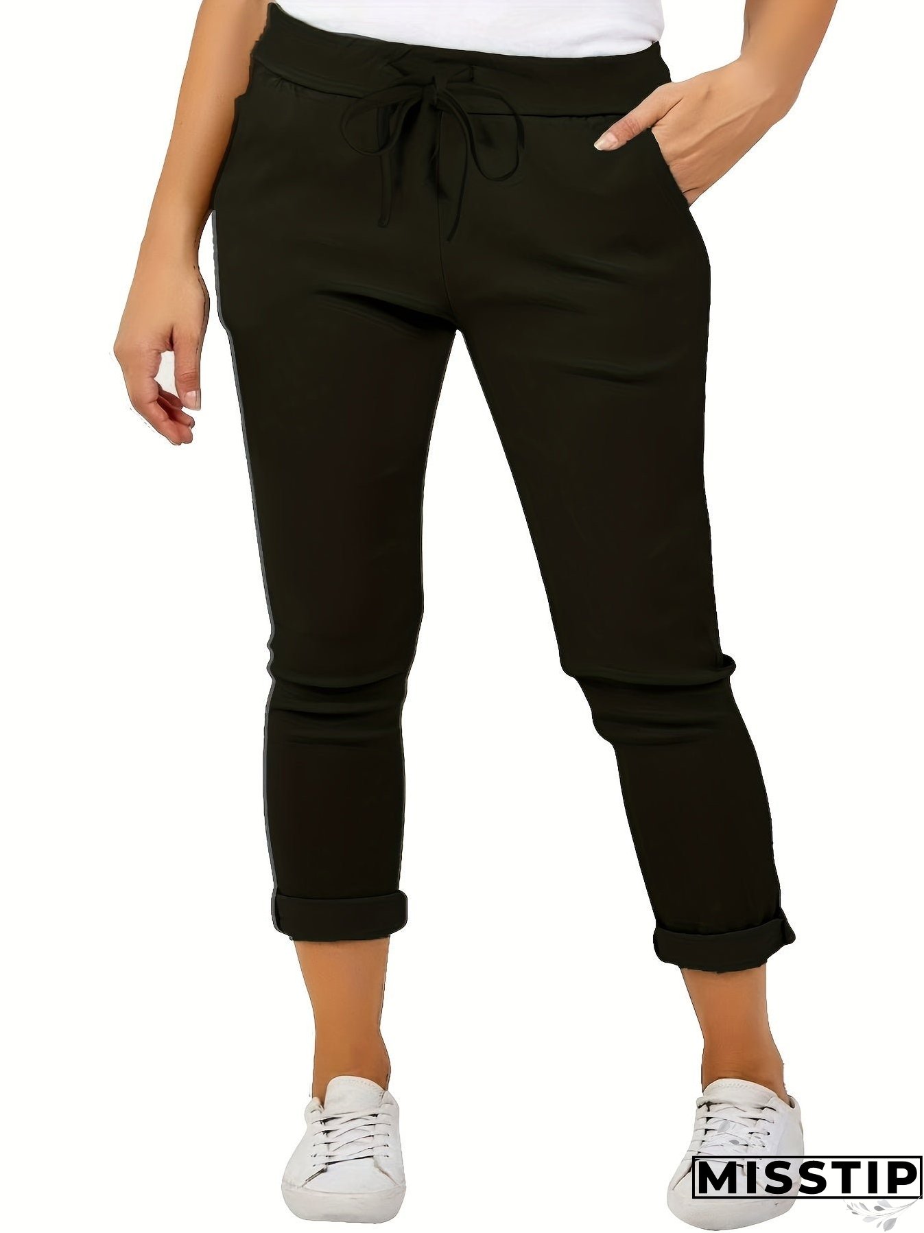 Plus Size Casual Pants, Women's Plus Solid Drawstring Roll Up Hem Slight Stretch Pants